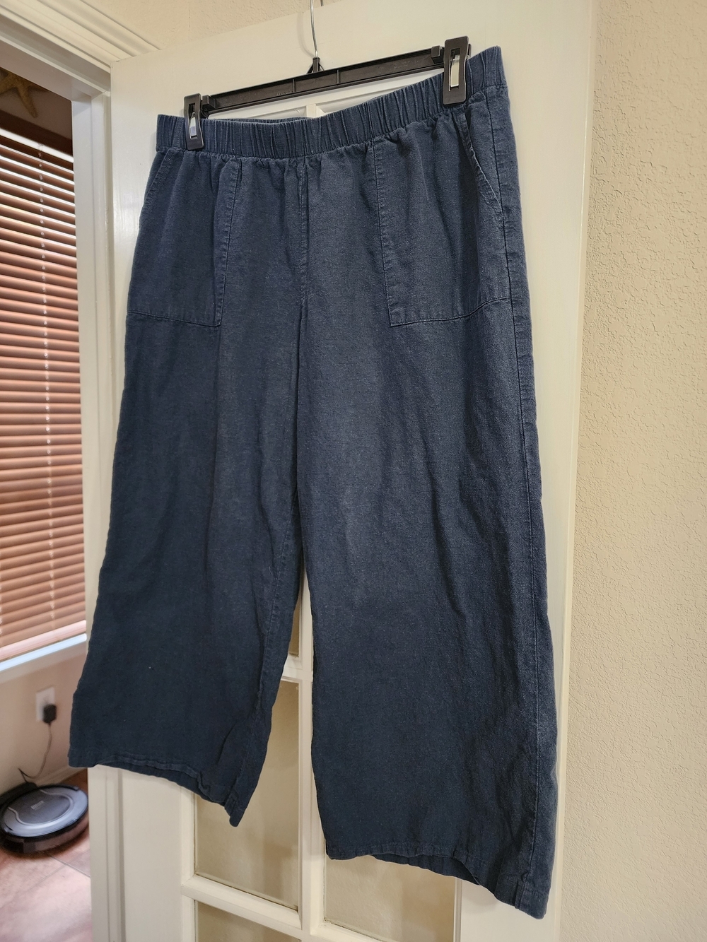 Felina Linen Cotton Wide Leg Crop Pants Navy Blue Large Pull On - Picture 2 of 12
